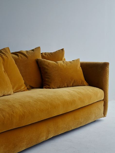 Loire Sofa - Velvet Gala Safran - 225 – Artilleriet Mustard Yellow Sofa Living Room, Wood Sofa Design Living Rooms, Yellow Sofa Living Room, Wood Sofa Design, Mustard Yellow Sofa, Mustard Living Rooms, Flexible Sofa, Teak Wood Sofa, Gold Couch