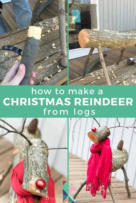 Getting ready for Christmas, here’s a an easy and quick DIY Christmas reindeer tutorial. #diyreindeerlog #reindeerlogshowtomake #christmasreindeerdecor Reindeer Made From Logs, Reindeer Logs Deer, Diy Wood Reindeer Outdoor Christmas, Birch Reindeer Diy, Wood Log Reindeer, Log Reindeer Diy How To Make, Wooden Deer Christmas Diy Wood, Log Raindeer, Diy Wood Reindeer