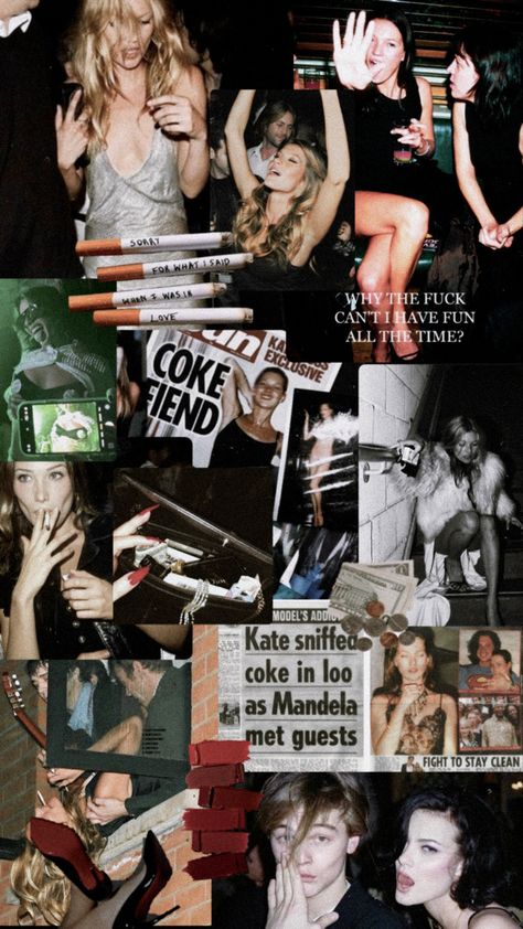 Kate Mess Aesthetic, Rockstar Girlfriend Lockscreen, Kate Moss Lockscreen, 365 Party Girl Aesthetic, Kate Moss Rockstar, Party Collage Aesthetic, Kate Moss Aesthetic Wallpaper, Film Collage Aesthetic, Rockstar Girlfriend Moodboard