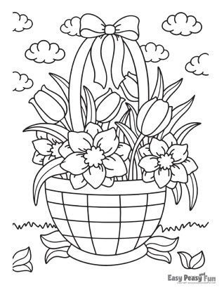 Flowers Basket Drawing, Flower Coloring Sheets Free Printable, Garden Coloring Pages Free Printable, Flower For Coloring, Flower Basket Drawing, Flowers Colouring Pages, Picture For Coloring, Color In Pictures, Coloring Pages Flowers