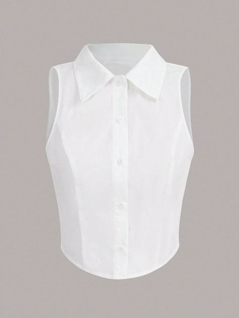 White Casual Collar Sleeveless Woven Fabric Plain Shirt Embellished Non-Stretch  Women Plus Clothing Armless Shirt Woman, White Shirt Sleeveless, Shein White Shirt, White Blouse Sleeveless, Sleeveless Button Up, Gay Prom Outfits, White Collared Shirt Outfit, White Under Shirt, Sleeveless White Shirt