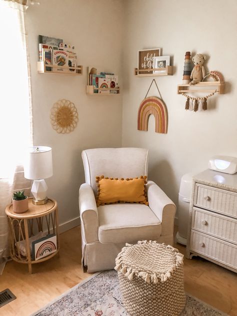 Rocking Chair Corner Nursery, Nursery Glider Corner, Nursery Rocker And Side Table, Nursery Rocking Chair Corner, Nursery Corner Shelves, Boho Nursery Chair, Nursery Chair Corner, Nursing Chair Corner, Nursery Corner Ideas