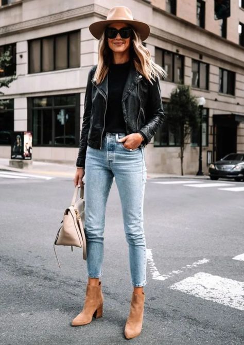 Planning a Trip to Nashville? Here’s How to Dress Jeans And Jacket Outfit Women, Jeans And Black Leather Jacket Outfit, Fall Bootie Outfits Women, Faux Leather Jacket Outfit Fall, Fall Outfits With Tan Ankle Boots, Jean Jacket Looks For Women, Fall Leather Outfits, Tan Booties Outfit Fall, Moto Jeans Outfit