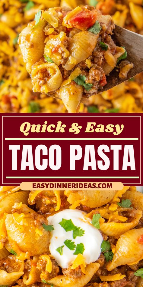 This Taco Pasta is a great weeknight meal! This comforting one-pot meal is made with cheesy pasta, hearty ground beef, and seasoned with taco seasoning. Plus, it's ready in under 30 minutes! Essen, Easy Taco Pasta, Cheesy Taco Pasta, Ground Beef Pasta Recipes, Beef Pasta Recipes, Ground Beef Pasta, Easy Pasta Dinner, Taco Pasta, Appetizer Ideas