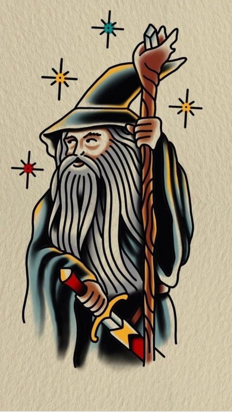 Traditional Gandalf Tattoo, Old School Lord Of The Rings Tattoo, Lotr American Traditional, Old School Tattoos Men, Lotr Trad Tattoo, American Traditional Lord Of The Rings Tattoo, Gandalf Tattoo Art, Lotr Tattoo Traditional, American Traditional Wizard Tattoo