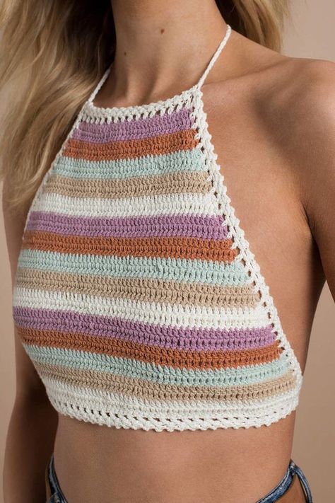 Beau Crochet, Crochet Halter Top, Crochet Mignon, Crop Top Pattern, Crochet Crop Top Pattern, Mode Crochet, Crochet Tops Free Patterns, Crochet Summer Tops, Crochet Simple