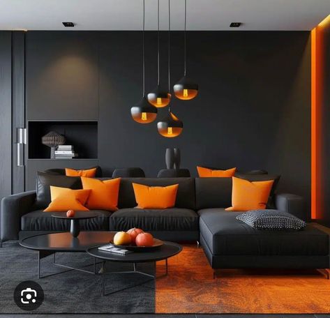 Black And Orange Living Room, Orange And Grey Living Room Decor, Orange Living Room, Room Ideas Dark, Grey Living Room, Orange Curtains, Orange Rooms, Living Room Orange, Rv Decor