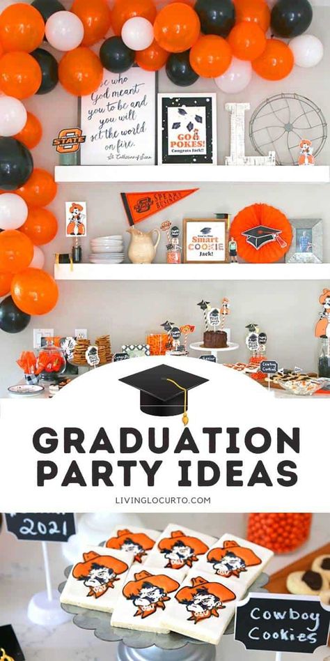 Graduation Party Ideas with DIY Balloon Arch Morgan State Graduation Party, Oklahoma State Graduation Party Ideas, Orange And White Graduation Party, Osu Graduation Party Ideas, Graduation Deserts, Taylor Graduation, Asu Graduation, Diy Balloon Arch, Grad Diy