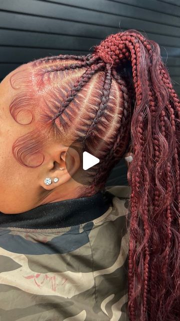 ARTISTRY OF KETA 🎀 on Instagram: "She said she wanted red braids so that’s what we did 🥰😂 Happy Birthday to my mom 🥹💓    Stitch Braid Bohemian Ponytail 🍓  💵 $25 deposit required upon booking, March slots still open. 🌹💝 FOLLOW • @artistryofketa if viewing ✂️ • •  #girlboss #nashvillehairstylist #nashvilleslayer #boxbraids #boxbraidsatlanta #traditionalsewin #quickweavebob #tribalbraids #popsmokebraids #halfuphalfdownhairstyle #bohobraids #heart #nashville #feedin #skilledbraider #younghairstylist #softlocs #atlhairstylist #frontalponytail #nychairstylist #Knotless #atlhair #myhaircrush #braidinspo #neatbraids #feederbraids #trending #stitchbraids #stitchgawdherself 😍😍" Stitch Braids Cornrows Updo, High Ponytail Hairstyles With Weave, Stitch Braid Ponytail With Curls, Feedin Ponytail Hairstyles Black Women, Braided Bohemian Ponytail, Scalp Braid Ponytail, Braiding Ponytail Hairstyles Black, Out Of Town Hairstyles Black Women, Scalp Braided Ponytail