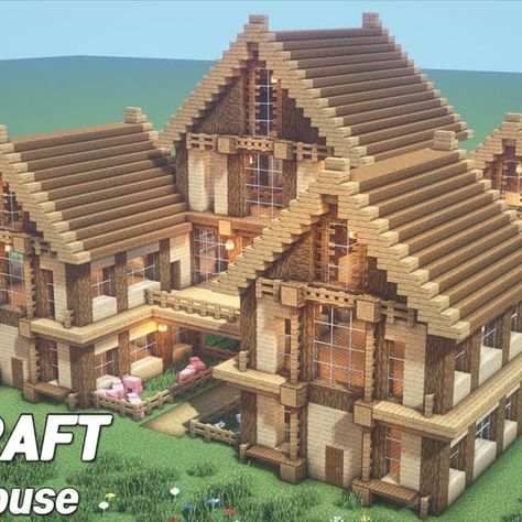 Want a house to occupy more players? Here we are to show you! This Minecraft house design is not only pretty but also accommodating. Its infrastructure with lots of room is a key factor of this building, but don’t be afraid of it, because this oak Minecraft house can be done in a repetitive manner. Rooms covered by glass panes, roofs made of oak stairs and oak slabs, farms with grass blocks, cows, and horses, that’s all we need. Oak Minecraft House, Easy Minecraft House Ideas, Minecraft House Ideas Easy, House Design Minecraft, Cute Minecraft House, Pretty Minecraft Houses, House Ideas Minecraft, Minecraft Roof, Interior Design Minecraft