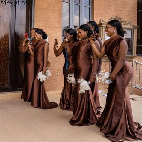 Brown Bridesmaid Dresses Mermaid One Shoulder Sleeveless Floor Length Silk Satin Wedding Party Brown Bridesmaid Dress, Bridesmaid Dresses Mermaid, Brown Bridesmaid Dresses, Wedding Party Bridesmaid, Mermaid Bridesmaid Dresses, Dress Mermaid, Dresses Mermaid, Satin Wedding, Bridesmaid Gown