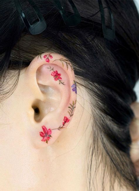 30+ Beautiful Flower Tattoo Ideas : Colourful Tiny Flower Tattoo on Ear I Take You | Wedding Readings | Wedding Ideas | Wedding Dresses | Wedding Theme Flower Tattoo Ear, Tiny Flower Tattoos, Behind Ear Tattoos, Tattoo For Boyfriend, Beautiful Flower Tattoos, Tasteful Tattoos, Tatuaje A Color, Weird Tattoos, Floral Tattoo Design