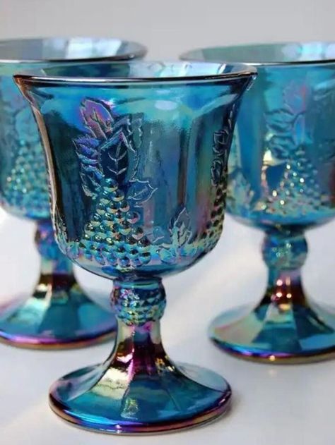 Pretty Glasses, Beautiful Glassware, Glass Wear, Carnival Glassware, Blue Carnival Glass, Fenton Glassware, Glass Goblets, Antique Dishes, Vintage Carnival