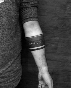 Mens Simple Christian Blackwork Forearm Band John 3 16 Tattoo 3 16 Tattoo, John 3 16 Tattoo, Negative Space Tattoos, Armband Tattoos For Men, Tato Salib, Negative Space Tattoo, Space Tattoos, Tattoo Band, 16 Tattoo