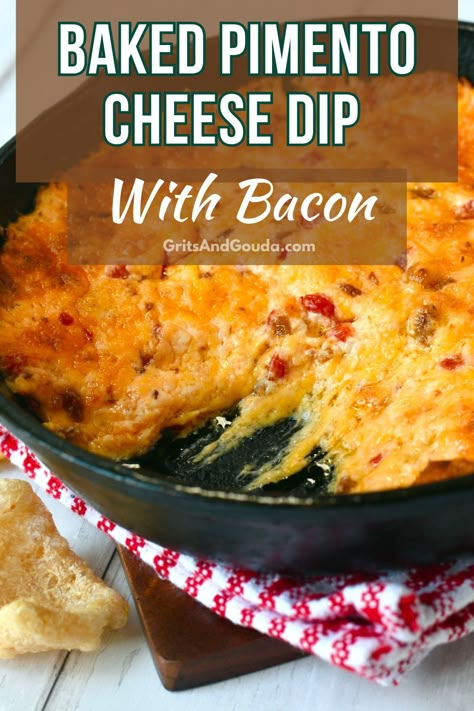 Make this crowd pleasing Baked Pimento Cheese Dip with Bacon the next time you're looking for a savory appetizer! Combine everything in a cast iron skillet or another oven safe dish and you'll have an easy and hot pimento cheese dip in no time. Baked Pimento Cheese Dip 12 Tomatoes, Baked Pimento Cheese, Warm Pimento Cheese Dip, Bacon Pimento Cheese, Hot Pimento Cheese Dip, Baked Pimento Cheese Dip, Hot Pimento Cheese Dip Recipe, Pimento Cheese Recipe, Pimento Cheese Appetizer