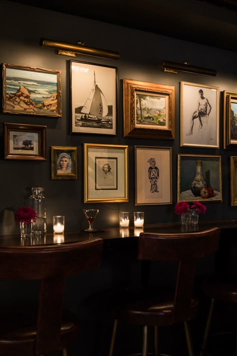 The Palladian | Interior Design - Seattle - Bar Wall Art #NICOLEHOLLIS Photo by Laure Joliet Gallery Wall Restaurant, Speakeasy Gallery Wall, Gallery Wall Basement, Moody Bar Lounge, Moody Wine Bar, Speakeasy Artwork, Diy Wall Bar, Palladian Interior, Moody Bar Design