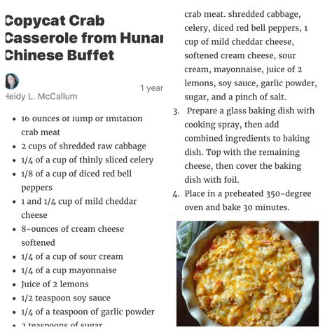 Hunan crab casserole Chinese Buffet Crab Casserole Recipe, Imation Crab Recipes, Crab Casserole, Homestead Recipes, Recipes Chinese, Chinese Buffet, Crab Meat Recipes, Cabbage Casserole, Crab Recipes