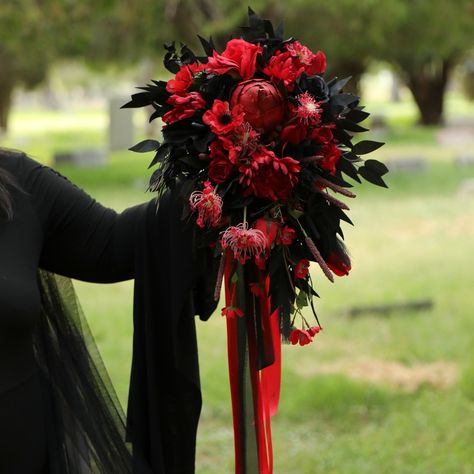 This Large Statement cascading bridal bouquet is made up of Black Roses Deep Red Roses, Black Italian Ruscus Leaves and various other flowers including Black Anthurium, Mums, etc. . This hand tied bouquet is ready for your amazing Dark + Moody, Contemporary or Goth wedding. It's our newest addition to our floral collection. . http://Bouquets.Wedding for more styles and selections of pre-made bouquets and boutonnieres. We take orders for custom creations! or http://GothicWeddingBouquets.com ... Red Cascade Bridal Bouquet, Red And Black Wedding Bouquets, Black And Red Flower Bouquets, Diy Gothic Wedding, Cadaver Collector, Wedding Flowers Dark, Black Anthurium, Witchy Flowers, Goth Bouquet