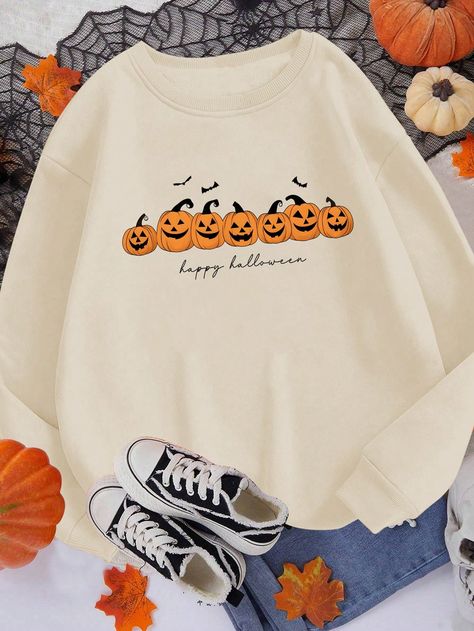 Plus Size Fall Halloween Women Sweatshirt Funny Pumpkins Skull Face Graphic Crewneck Long Sleeve Casual Pullover, Autumn Clothes Apricot Casual  Wrist-Length Sleeve Knitted Fabric Cartoon,Halloween,Letter,Fruit&Vegetable Pullovers Non-Stretch  Women Plus Clothing, size features are:Bust: ,Length: ,Sleeve Length: Halloween Crew Neck Sweatshirt, Halloween Hoodies Aesthetic, Spooky Season Clothes, Cute Fall Hoodies, Cute Halloween Clothes, Cute Halloween Sweatshirts, Cute Fall Sweaters, Hocus Pocus Sweatshirt, Halloween Sweaters