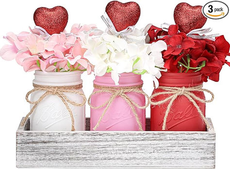 Valentines Day Decor, Valentines Mason Jar Centerpiece for Table with Wood Tray, Red Painted Decorative Mason Jars for Valentines Day Decorations Table Kitchen Decor, Valentines Gift for Women Valentines Day Decorations Table, Decorative Mason Jars, Valentine Mason Jar, Green Mason Jars, Centerpiece For Table, Valentines Party Decor, Valentine Centerpieces, Mason Jar Centerpiece, Valentines Baby Shower