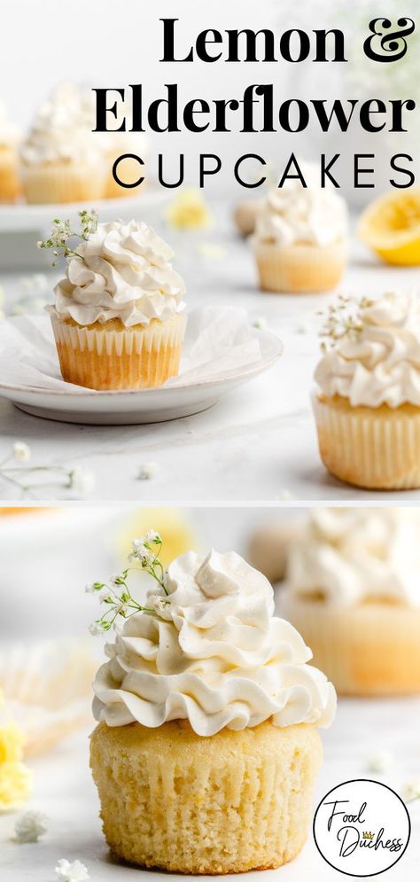 These cute little cupcakes feature lemon flavored cupcakes, which are colored a delightful and bright in flavor, alongside an elderflower Swiss meringue buttercream! The pairing of the bright citrusy lemon flavors with the sweet floral notes of the elderflower are absolutely wonderful – delightfully sweet while remaining bright and flavorful! #cupcakes #lemon #elderflower #stgermain #cake #lemonelderflowercupcakes #royalwedding #swissmeringuebuttercream Light Yellow Cupcakes, Lemon Mini Cupcakes, Floral Flavored Cupcakes, Popular Wedding Cupcake Flavors, Lemon Elderflower Cake, Spring Mini Cakes, Tea Flavored Cupcakes, Herbal Cupcakes, Chelsweets Cupcakes