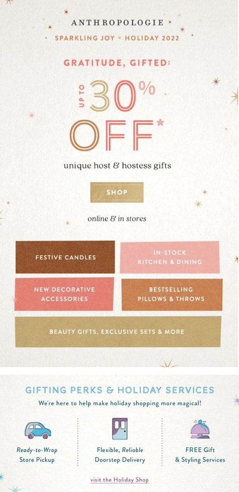 Anthropologie Email Design, Christmas Email Design, Holiday Email Design, Christmas Sale Email, Holiday Email Campaigns, Newsletter Design Inspiration, Christmas Email, Anthropologie Gifts, Gift Guide 2022