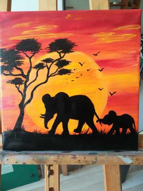 Elephant Sunset Painting, Step By Step Elephant Painting, Animal Art Acrylic, How To Paint An Elephant On Canvas, Elephant Silhouette Painting, Painting Ideas On Canvas Elephant, Elephant Painting Easy, Elephant Painting Simple, Elephant Painting Ideas