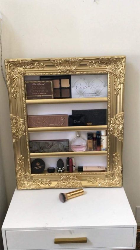 Ideas For Makeup, Makeup Organization Vanity, Gold Wall Decor, Thrift Store Crafts, Collection Display, Display Rack, Gold Walls, Makeup Vanity, Makeup Collection