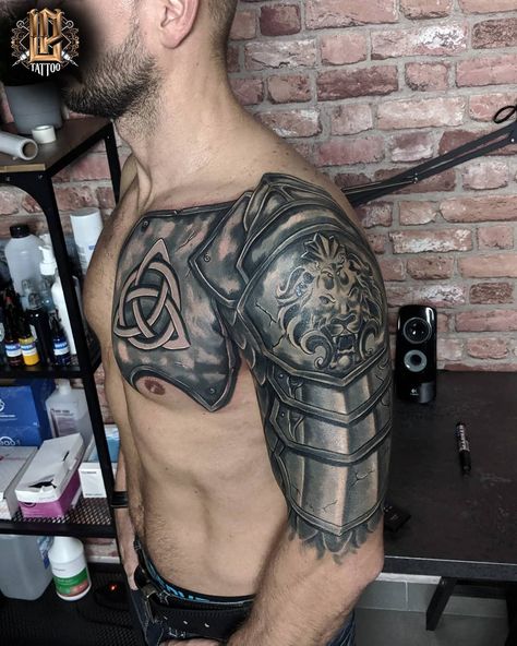 101 Incredible Armor Tattoo Designs You Need to See! | Outsons | Men's Fashion Tips And Style Guide For 2020 Armour Arm Tattoo, Shield Tattoos For Men, Celtic Armor Tattoo, Armour Tattoo Design, Shoulder Armor Tattoo Design, Armor Sleeve Tattoo, Mechanical Tattoo, Armor Of God Tattoo, Armour Tattoo