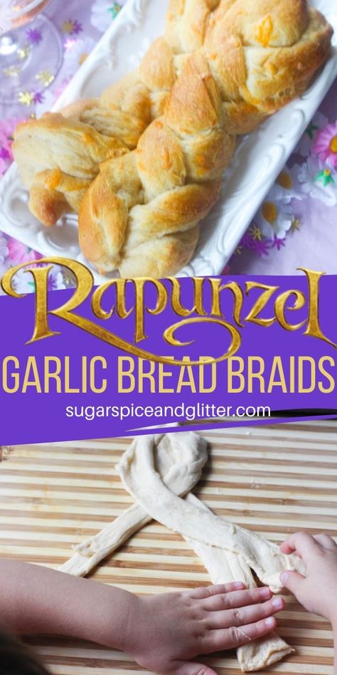 Tangled Snack Ideas, Disney Appetizer Ideas, Easy Braided Bread Recipes, Bread Braids, Simple Garlic Bread, Disney Dessert Recipes, Disney Movie Night Food, Themed Nights, Movie Dinner