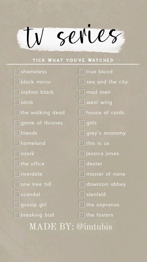 i am waiting for your answers♡ Tick what you've watched #tvchallenge #series #lovers Series Checklist, Game Of Thrones Girl, Movies To Watch List, Netflix List, Netflix Movie List, Tv Shows To Watch, Netflix Shows To Watch, Netflix Hacks, Netflix Shows