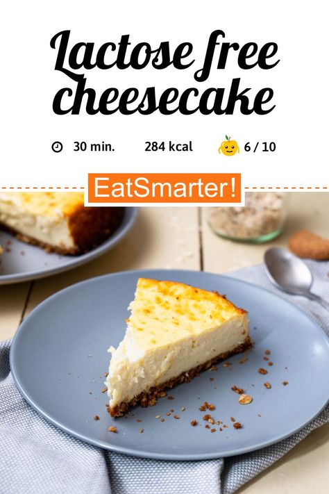 Clever naschen: Lactose Free Cheesecake - few calories - mittel - A recipe idea by EAT SMARTER | Cake, Sugar-Free Cake, Cheesecake, quark cheesecake, High-protein, lactose-free, Lactose-free Snacks, Lactose-free Dessert, non-alcoholic, Vegetarian, Vegetarian Dessert, crowdpleaser, Garden Party, Guest, Birthday, Sweet, Sunday cooking #cheesecake #recipes Lactose Free Cheesecake Recipe, Non Dairy Cheesecake, Lactose Free Cheesecake, Lactose Free Snacks, Quark Cheesecake, Lactose Free Desserts, Sunday Cooking, Recipes Cheesecake, Lactose Free Recipes