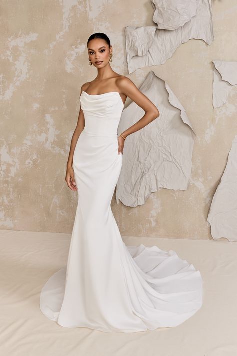 Justin Alexander Signature - Style 99313: Charmeuse Fit and Flare Gown with Strapless Cat Eye Draped Neckline Elegant Fit And Flare Wedding Dress, Wedding Gown Trends, Ruched Wedding Dress, Justin Alexander Bridal, Justin Alexander Wedding Dress, Justin Alexander Signature, Floral Wedding Gown, Fit And Flare Gown, Modern Wedding Gown