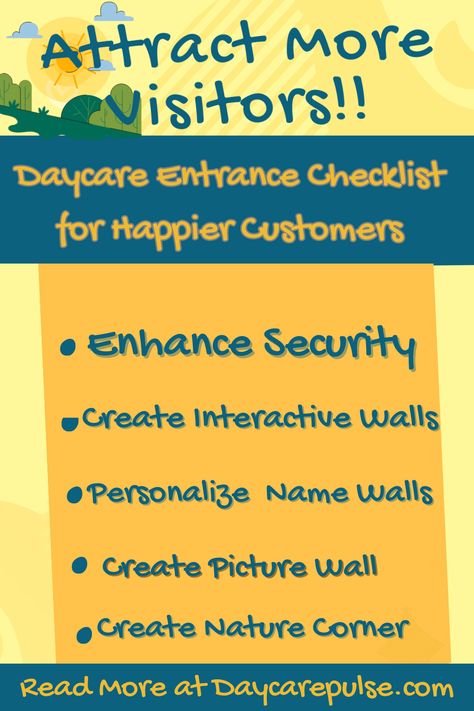 Upgrade your daycare's appeal & safety! Discover 10 entryway ideas to enhance security, aesthetics & impressions. Follow the link to get some more daycare entrance ideas! Daycare Entrance Ideas, Daycare Entryway Ideas, Daycare Entrance, Preschool Entrance, Open Entryway, Daycare Signs, Daycare Facility, Daycare Design, Social Emotional Activities