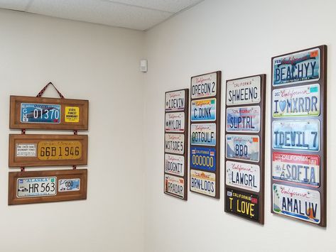 License Plate Display, License Plate Display Ideas, License Plate Wall Decor, License Plate Decor, License Plate Wall, Plates Ideas, Licence Plates, Plate Ideas, Car Plates