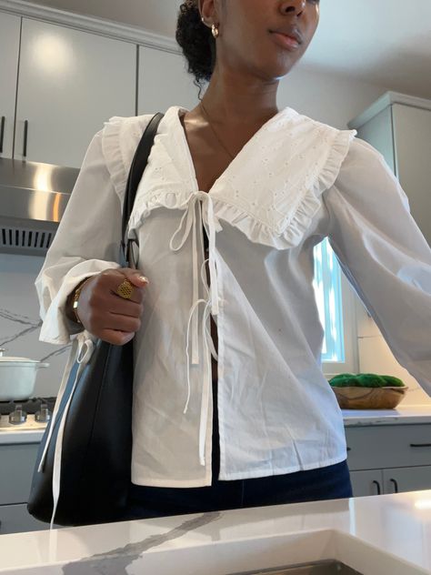 Ganni inspired frill collard open top Collard Top Outfit, Spring Blouses 2024, Frill Blouse Outfit, Ganni Collar Outfit, Frill Collar Blouse, Puffy Blouse Outfit, Ganni Inspired Outfits, Poplin Blouse Outfit, Ganni Top Outfit