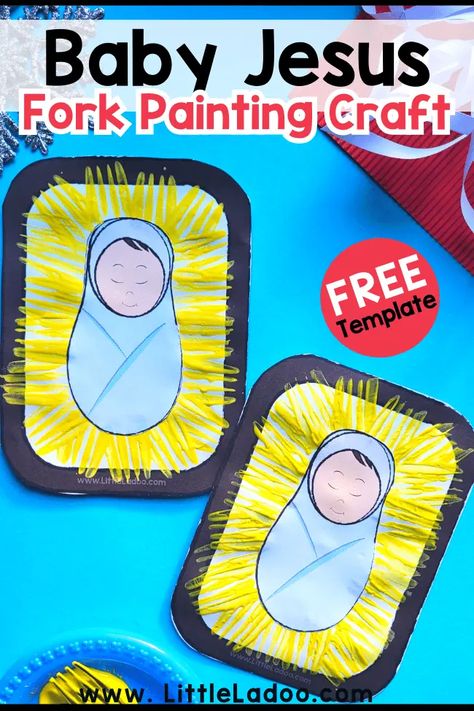 Fork-Painted Baby Jesus Craft {Free Template} Easy Baby Jesus Crafts For Kids, Baby Jesus Snacks For Kids, Jesus Manger Craft, Preschool Baby Jesus Craft, Baby Jesus Printable Free, Jesus Birth Craft Preschool, Baby Jesus Preschool Craft, Baby Jesus Activities, Baby Jesus Christmas Craft