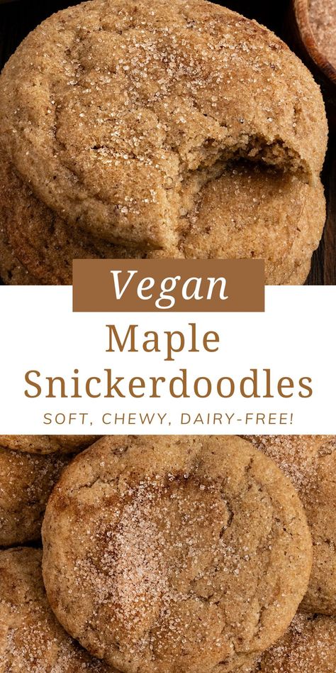 These Vegan Maple Snickerdoodles are truly the best soft and chewy cookie made with real maple syrup and maple extract for double the maple flavor! If you are looking for the best eggless, dairy-free, & soft snickerdoodle recipe, then you have to try these maple cookies! #maplesnickerdoodles Gluten Free Vegan Cookies Christmas, Vegan Maple Desserts, Gluten Free Fall Cookie Recipes, Vegan Fall Cookie Recipes, Gluten Free Maple Desserts, Vegan Individual Desserts, Vegan Gluten Free Autumn Recipes, Fall Cookies Vegan, Vegan Fall Baking Recipes