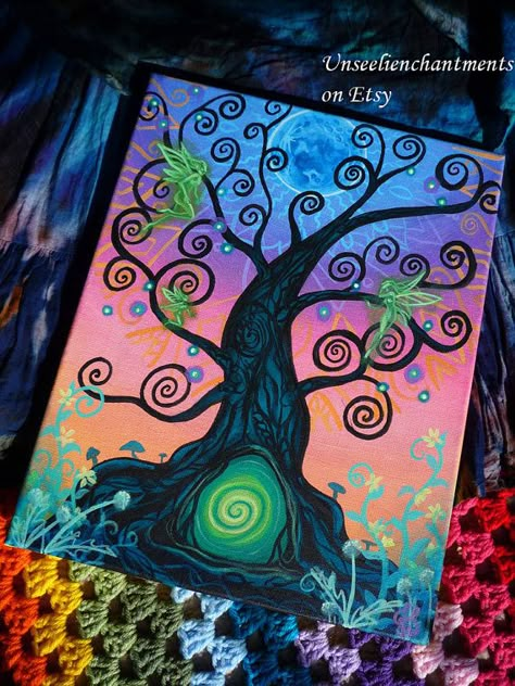 Trippy Tree Painting, Pintura Hippie, Bedroom Paintings, Art Trippy, Trippy Painting, Hippie Painting, Psy Art, Small Canvas Art, Diy Canvas Art Painting