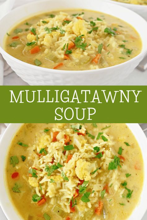 Mulligatawny Soup recipe! Packed with fresh veggies, fragrant rice, and aromatic Indian spices, this hearty dish is quick and easy to make. Serve with naan bread for a complete meal in just 30 minutes. Vegetarian and Vegan. Muligawtany Soup, Muligawtany Soup Recipe, Mulligatawny Soup Recipe, Mulligatawny Soup, Alpha Gal, Cubed Potatoes, Naan Bread, Creamy Soup, Vegan Soup