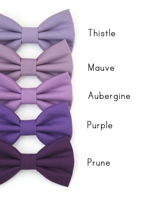 "Wedding bow ties for dogs and cats. Available colors - Thistle - Mauve - Aubergine - Purple - Prune Large bow ties are shown in the photos. Our Bow Ties - Feature premium cotton fabric on the outside, lining and interfacing on the inside to maintain structure. - Double genuine Velcro straps stitched to the back make it easy to put the bow tie on the collar, to re-position and take off. - Bow tie can be worn on your pet's own collar, harness or even on the leash. We try our best to capture the t Purple Groomsmen Attire Wedding, Blue And Purple Groomsmen Attire, Purple Tuxedo Wedding, Purple Groomsmen Attire, Groomsmen Attire Purple, Light Purple Wedding Theme, Lavender And Grey Wedding, Purple Wedding Suit, Groomsmen Purple