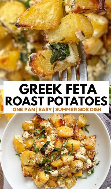 Oven Baked Recipes Healthy, Greek Feta Roasted Potatoes, Greek Feta Potatoes, Mediterranean Sides Recipes, Easy To Make Greek Food, Feta Baked Potato, Low Dairy Dinner Recipes, Delicious Mediterranean Recipes, Sweet Potato And Feta Recipes