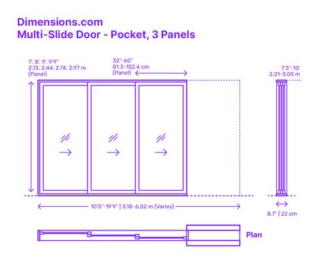 A multi-slide pocket door with 3 panels is a type of sliding door that includes three individual panels that slide horizontally along a track system and disappear into a pocket within the wall. When fully opened, the panels completely disappear into the wall, creating a wide opening that allows for a seamless transition between indoor and outdoor spaces. Downloads online #doors #slidingdoor #patio #construction #buildings 3 Track Sliding Doors, 3 Panel Sliding Door, Sliding Door Dimension, Track Doors Sliding, 3 Panel Sliding Glass Door, Conceptual Model Architecture, Stacking Doors, Folding Glass Doors, Door Plan