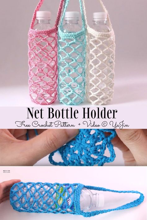 Water Bottle Holder Free Crochet Patterns - DIY Magazine Crochet Water Bottle Holder, Bottle Sling, Bottle Cozies, Bag Pattern Free, Diy Magazine, Water Bottle Holder, Pola Sulam, Water Bottle Holders, Bottle Cover