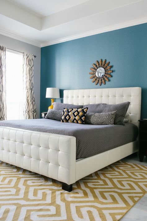 Design Improvised: Master Bedroom Reveal - love the tutorial for creating a custom canvas from a favourite fabric at the bottom too!! Bedroom Colours, Bedroom Color Combination, Teal Bedroom, Bedroom Reveal, Accent Wall Bedroom, Gray Bedroom, Interior Modern, Remodel Bedroom, Blue Walls