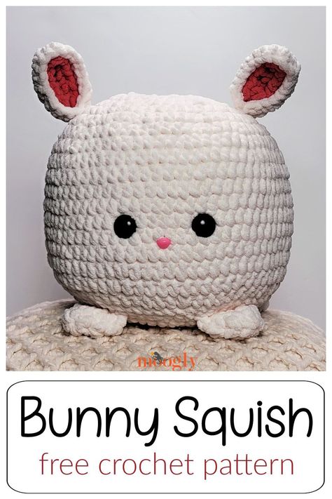 The Bunny Squish is a cute, cuddly, very squishy, and quick crochet pattern in Bernat Blanket - perfect for Easter or any bunny lover! Free pattern on Moogly! #freecrochetpattern #yarnspirations #mooglyblog #eastercrochet #bunnies #stuffedanimals #squish #amigurumi Bernat Blanket Amigurumi Patterns, Crochet Squash Mellow, Squishies Crochet, Bernat Blanket Amigurumi, Crochet Squishy Pattern Free, Squish Crochet Pattern, Crochet Squishies, Squish Crochet, Crochet Squish