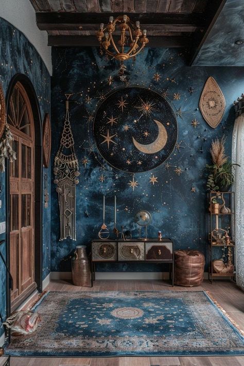 #wallart #homedecor #diydecor #creativeart #interiordesign #artideas #diyprojects #homedesign #easyart #stylishspaces Celestial Blue Bedroom, Celestial Decor Interior Design, Whimsical Room Aesthetic, Space Themed Room Aesthetic, Celestial Living Room, Celestial Bedroom Aesthetic, Celestial Room Aesthetic, Celestial Interior, Night Sky Ceiling