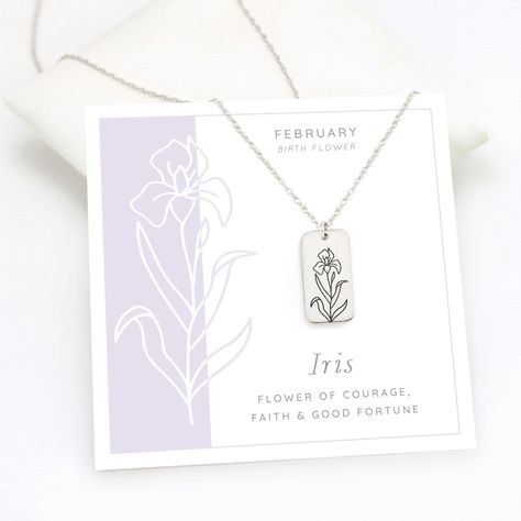 "Iris Necklace, February Birth Month Flower Necklace, Personalized Tag Necklace Silver, Minimalist Floral Layering Christmas Gift for Sisters 💐 This necklace features an intricate flower representing a birth month engraved onto a dainty pendant. Each necklace is designed & engraved here in our studio and is available in both Gold and Silver finish. 💐 ✨ Every piece arrives packaged on a custom card inside of an elegant box, complete with a polishing cloth & care instructions - these nec February Birth Month Flower, Iris Necklace, February Birth Flowers, Engraved Dog Tags, Christmas Gifts For Sister, Personalised Family Tree, Black Pearl Necklace, Family Tree Necklace, Personalized Gifts For Men