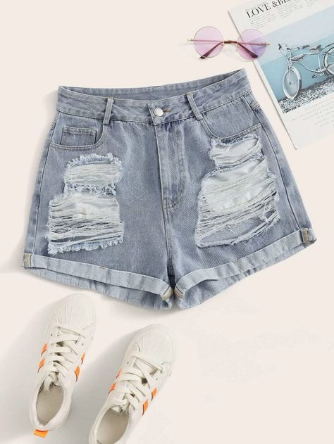 Plus Size Denim Shorts, Girls Ripped Jeans, Design Vip, Women Denim Shorts, High Waisted Ripped Jeans, Looks Pinterest, Cute Dress Outfits, Cuffed Denim Shorts, Tween Outfits