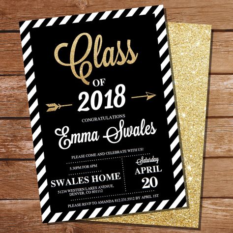 Class of 2018 Graduation Invitation White And Gold Themed Party, Graduation Party Printables, Black And Gold Graduation Party, Black And Gold Graduation, Gold Graduation Party, Graduation Cupcake Toppers, Gold Glitter Background, Graduation Cupcakes, Graduation Favors